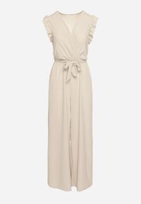 Born2be - Beżowy Taliowany Kombinezon Koktajlowy z Paskiem w Talii i Falbanami przy Ramionach Vimarine. Okazja: na imprezę. Kolor: beżowy. Materiał: jeans. Styl: wizytowy #7