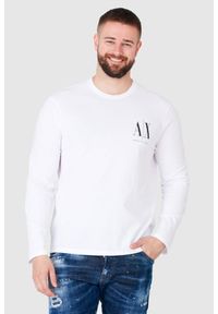 Armani Exchange - ARMANI EXCHANGE Biały longsleeve męski z małym logo, Rozmiar M. Kolor: biały. Materiał: prążkowany. Długość rękawa: długi rękaw