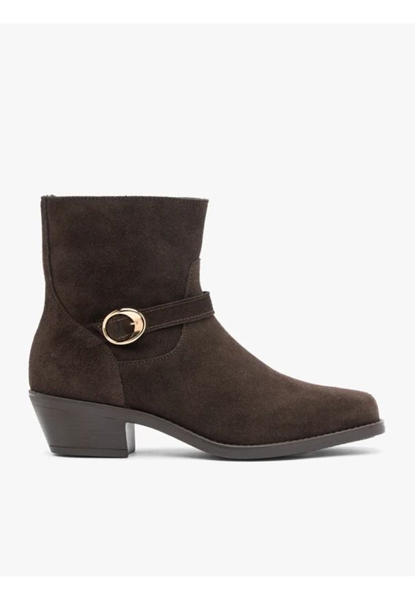 Ryłko - Ciemnobrązowe welurowe botki z klamrą. Okazja: na co dzień. Wysokość cholewki: za kostkę. Zapięcie: klamry. Kolor: brązowy. Materiał: welur, skóra. Obcas: na obcasie. Styl: elegancki, street, casual. Wysokość obcasa: średni