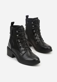 Born2be - Czarne Botki Trzewiki na Klockowym Obcasie Zdobione Suwakiem Salittea. Okazja: do pracy, na co dzień, na spotkanie biznesowe. Kolor: czarny. Materiał: dzianina, jeans. Wzór: aplikacja. Obcas: na obcasie. Styl: casual, elegancki, biznesowy. Wysokość obcasa: średni #7