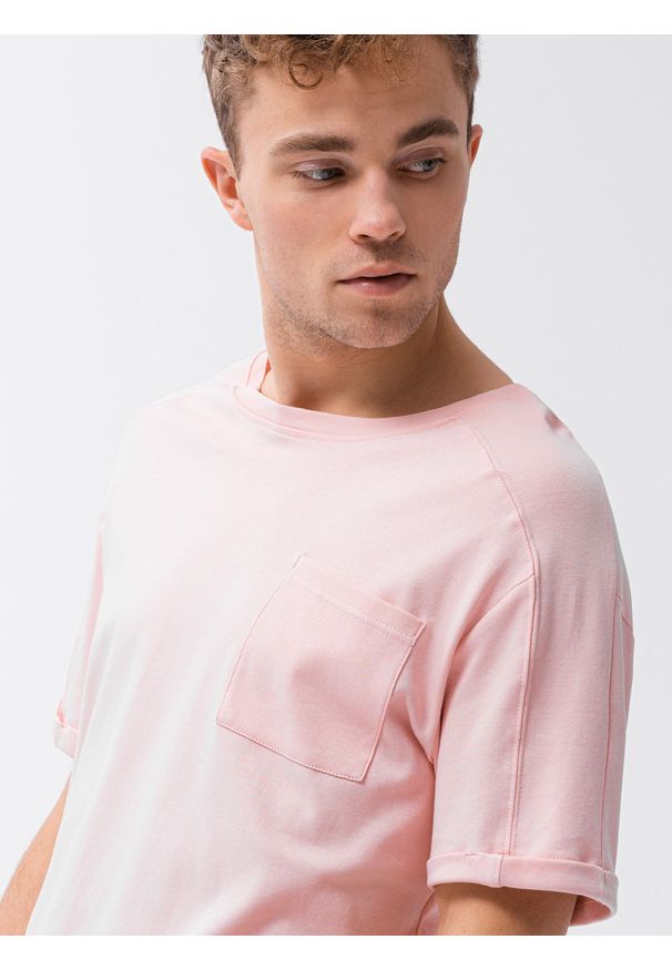 Ombre Clothing - T-shirt męski bawełniany S1386 - jasnoróżowy - XXL. Kolor: różowy. Materiał: bawełna