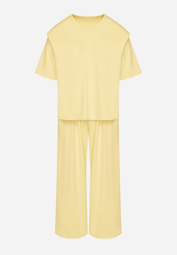 Born2be - Żółty Komplet z Wiskozą Szerokie Spodnie i Bluzka z Dekoltem w Serek Zeilora. Kolor: żółty. Materiał: wiskoza