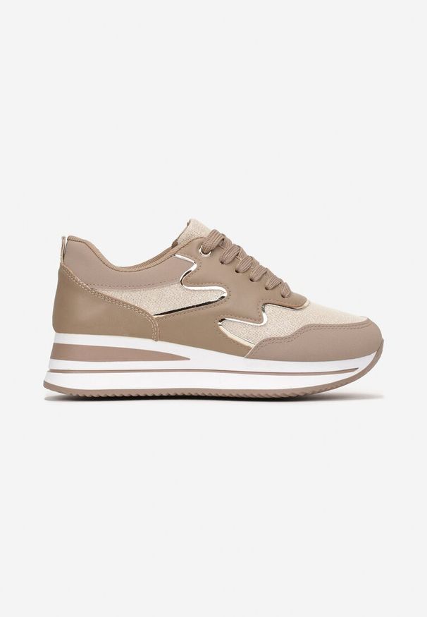 Renee - Ciemnobeżowe Sznurowane Sneakersy na Płaskiej Grubej Podeszwie z Brokatem Sincla. Okazja: na co dzień. Nosek buta: okrągły. Kolor: beżowy. Materiał: materiał