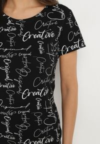 Born2be - Czarny T-shirt z Bawełny Zdobiony Nadrukiem z Napisami Mirindela. Okazja: na co dzień. Kolor: czarny. Materiał: bawełna. Wzór: napisy, aplikacja, nadruk. Styl: klasyczny, elegancki, casual