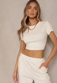 Renee - Beżowy T-shirt z Bawełny z Prążkowanego Materiału Aszedi. Okazja: na co dzień. Kolor: beżowy. Materiał: bawełna, materiał, prążkowany. Wzór: prążki. Styl: klasyczny, casual