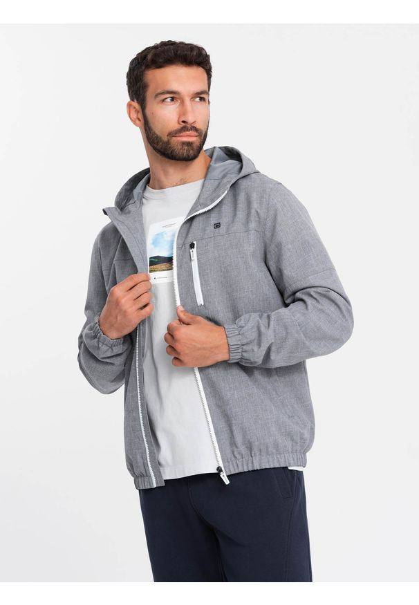 Ombre Clothing - Lekka sportowa męska kurtka z polarową podszewką – szara V3 OM-JANP-0136 - XXL. Typ kołnierza: kołnierzyk stójkowy. Kolor: szary. Materiał: polar. Wzór: melanż, aplikacja, nadruk, ze splotem. Styl: sportowy