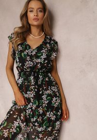 Renee - Czarna Sukienka Vimmy. Kolor: czarny. Materiał: wiskoza, jeans, tkanina, materiał. Długość rękawa: krótki rękaw. Wzór: aplikacja, kwiaty. Styl: klasyczny. Długość: midi