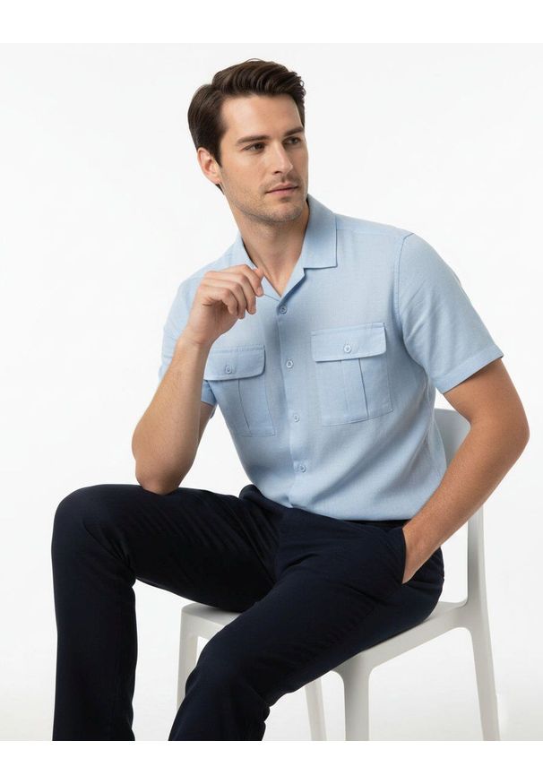 Bawełniano-Lniana Koszula Brave Soul - Błękitna. Kolor: niebieski. Materiał: bawełna, len. Sezon: lato