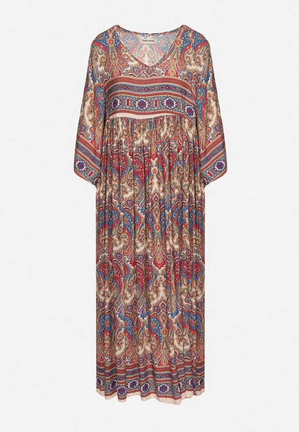 Born2be - Beżowo-Bordowa Długa Sukienka Rozkloszowana z Rękawami 3/4 we Wzór Paisley Amarethia. Kolor: beżowy. Wzór: paisley. Styl: boho. Długość: maxi