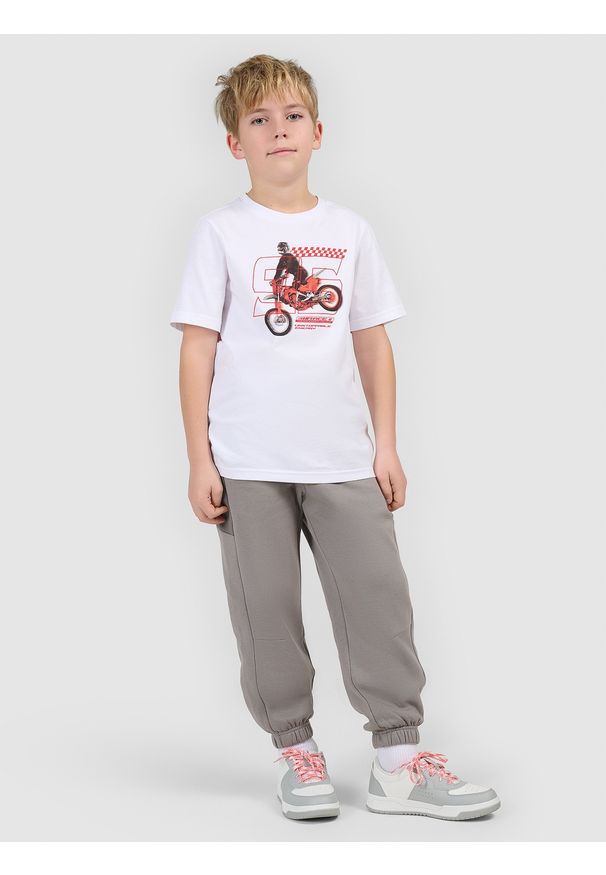 4f - 4F T-shirt regular z nadrukiem chłopięcy - biały 122 (6-7 lat). Okazja: na co dzień, na uczelnię. Kolor: biały. Materiał: bawełna, skóra, materiał. Wzór: nadruk. Sezon: lato. Styl: casual, klasyczny