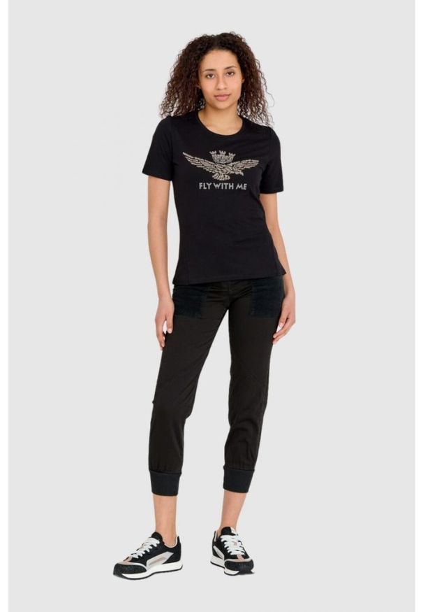 Aeronautica Militare - AERONAUTICA MILITARE Czarny bawełniany t-shirt damski z orłem wykonanym z dżetów, Rozmiar XS. Kolor: czarny. Materiał: bawełna