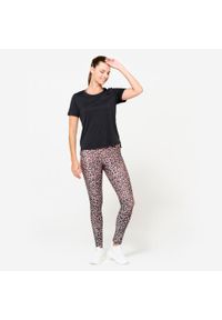 DOMYOS - Koszulka fitness damska Domyos krótki rękaw. Kolor: czarny. Materiał: materiał, elastan, poliester. Długość rękawa: krótki rękaw. Długość: krótkie. Sport: fitness