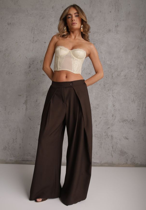 Renee - Brązowe Garniturowe Spodnie High Waist Wide Leg z Zakładkami w Pasie Philisia. Stan: podwyższony. Kolor: brązowy. Styl: elegancki