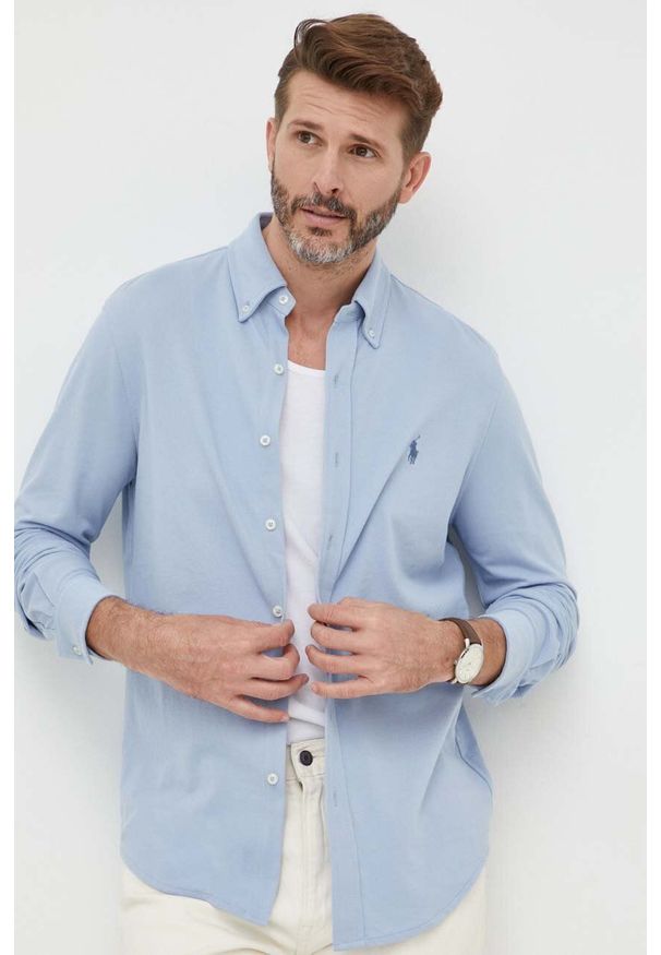 Polo Ralph Lauren koszula bawełniana męska kolor niebieski regular z kołnierzykiem button-down. Typ kołnierza: button down, polo. Kolor: niebieski. Materiał: bawełna. Długość rękawa: długi rękaw. Długość: długie. Wzór: gładki
