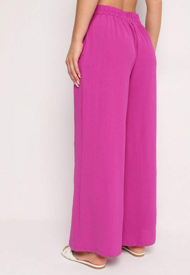 Born2be - Fioletowe Szerokie Spodnie Alladynki z Wysokim Stanem i Gumką w Talii Rissanas. Stan: podwyższony. Kolor: fioletowy. Materiał: jedwab. Wzór: aplikacja