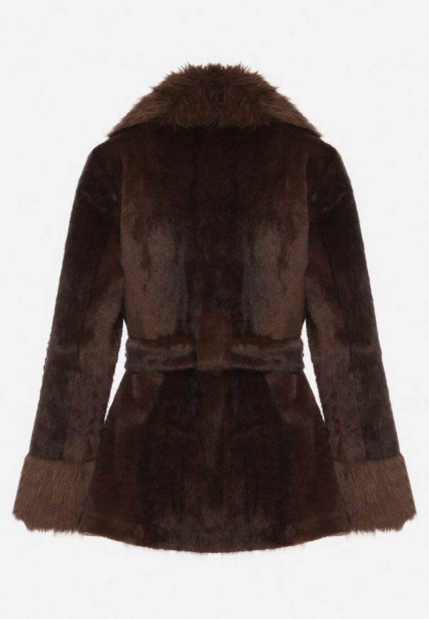 Born2be - Brązowa Kurtka Futerko z Wiązanym Paskiem Ozdobnymi Mankietami i Kołnierzem Coellame. Okazja: na co dzień. Kolor: brązowy. Materiał: futro. Styl: klasyczny, casual, elegancki