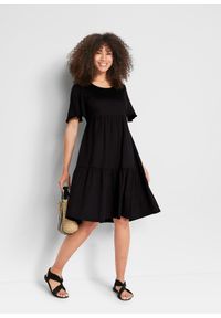 bonprix - Sukienka z dżerseju z czystej bawełny. Typ kołnierza: dekolt w serek. Kolor: czarny. Materiał: jersey, bawełna. Wzór: gładki. Długość: midi #1