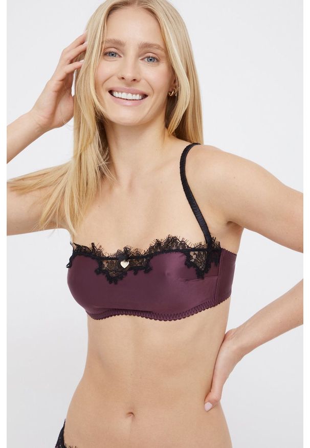 TwinSet - Twinset Biustonosz kolor bordowy satynowy gładki. Kolor: czerwony. Materiał: satyna. Rodzaj stanika: odpinane ramiączka, biustonosz z fiszbinami, różne sposoby noszenia. Wzór: gładki