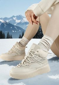 Born2be - Beżowe Śniegowce Trapery Vices w Sportowym Stylu na Platformie Terillen. Okazja: na co dzień, do pracy, na spacer. Kolor: beżowy. Materiał: wełna. Sezon: zima. Obcas: na platformie. Styl: sportowy #1