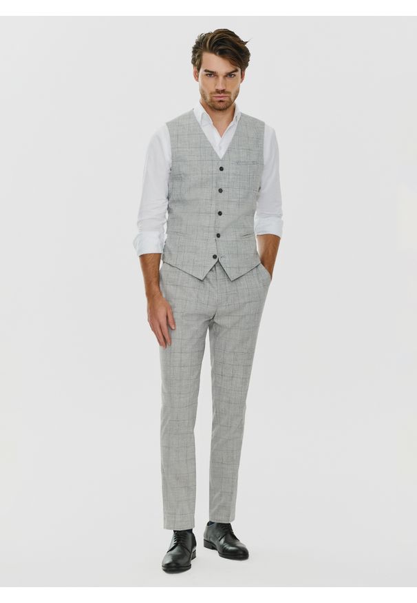 Pako Lorente - PAKO LORENTE – Szare garniturowe spodnie męskie w kratę. Okazja: na spotkanie biznesowe. Kolor: szary. Materiał: poliester, wiskoza, elastan. Styl: biznesowy, elegancki