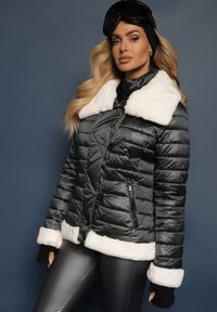 Renee - Ciemnozielona Kurtka Lilacoris. Kolor: zielony. Materiał: tkanina, futro. Długość: krótkie. Wzór: aplikacja. Sezon: zima, jesień. Styl: elegancki #5
