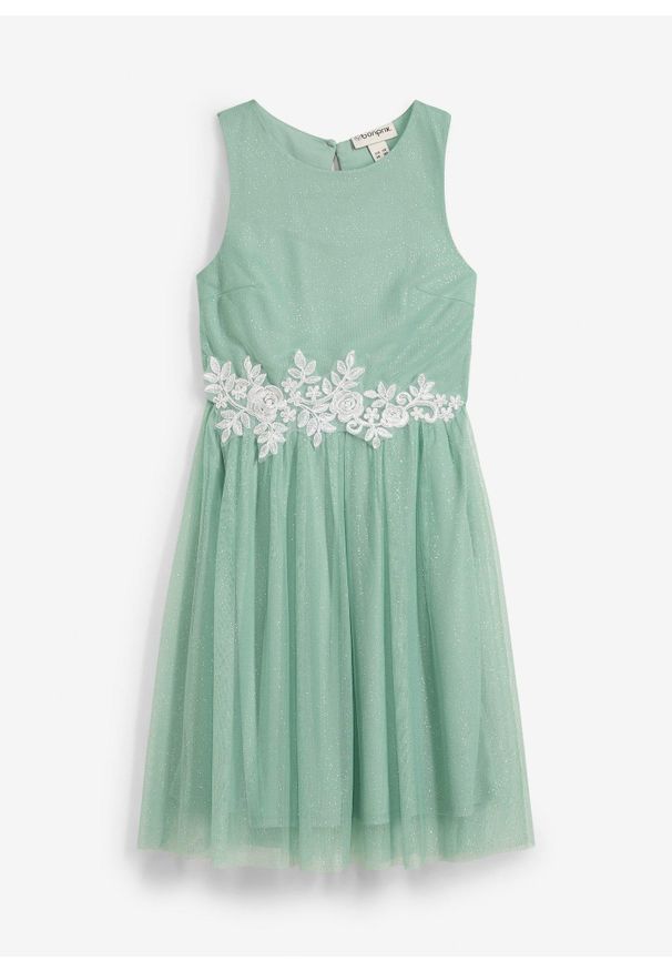 bonprix - Sukienka midi z koronkową wstawką. Kolor: zielony. Materiał: koronka. Długość rękawa: bez rękawów. Długość: midi