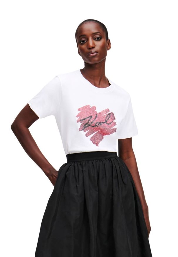 Karl Lagerfeld - KARL LAGERFELD Biały damski t-shirt z cyrkoniami Hearts RS. Kolor: biały. Materiał: materiał. Długość rękawa: krótki rękaw. Długość: krótkie. Styl: elegancki