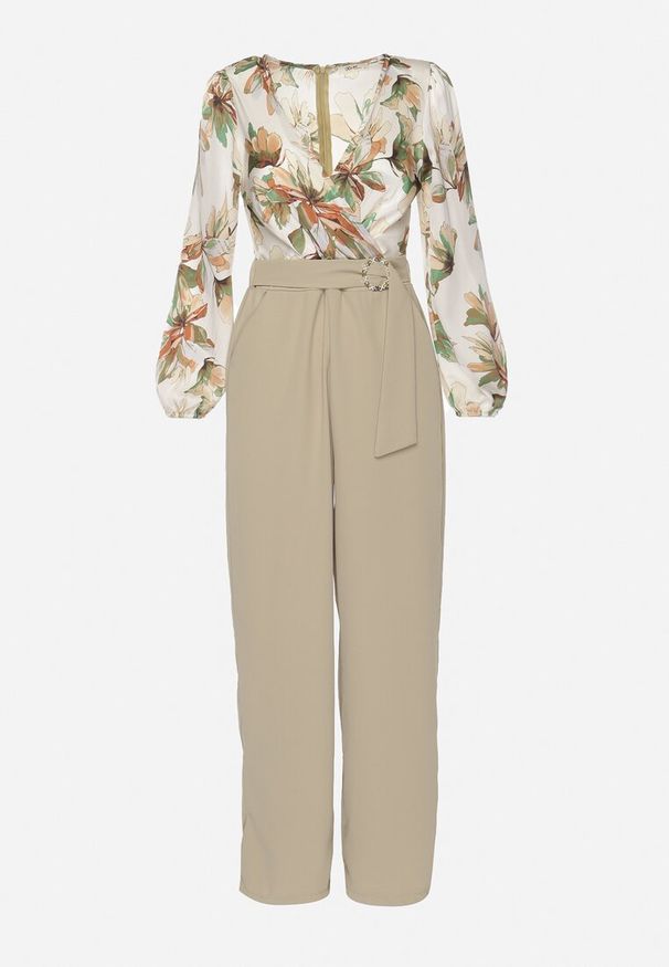 Born2be - Jasnozielony Kombinezon z Szerokimi Nogawkami z Kwiatową Górą i Paskiem z Klamrą Ilanvi. Okazja: na co dzień. Kolor: zielony. Długość rękawa: długi rękaw. Długość: długie. Wzór: kwiaty. Styl: casual