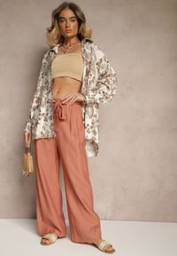 Renee - Pomarańczowe Spodnie z Wiskozy o Szerokim Kroju z Kokardą Ellioria. Okazja: na co dzień, na spacer. Kolor: pomarańczowy. Materiał: wiskoza. Styl: elegancki, casual #4