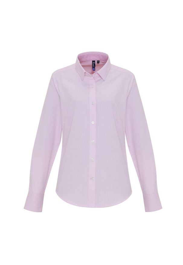 PREMIER - Damska Koszula W Paski Z Mieszanki Bawełny. Okazja: na co dzień. Kolor: różowy, wielokolorowy, biały. Materiał: bawełna. Wzór: paski. Styl: casual