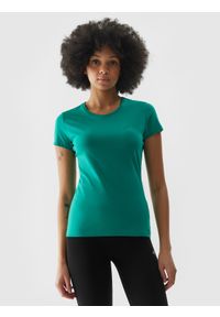 4f - T-shirt slim gładki damski - zielony. Okazja: na co dzień. Kolor: zielony. Materiał: dzianina, materiał, elastan, jersey, bawełna. Wzór: gładki. Styl: casual, sportowy