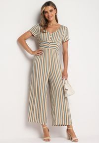 Born2be - Beżowy Wiskozowy Kombinezon z Guzikami przy Dekolcie i Elastyczną Gumką w Talii Tinaleias. Okazja: na co dzień, do pracy. Kolor: beżowy. Materiał: wiskoza. Długość: długie. Wzór: aplikacja. Styl: casual, klasyczny #1