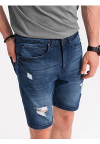 Ombre Clothing - Krótkie spodenki męskie jeansowe z dziurami - ciemnoniebieskie V3 OM-SRDS-0114 - XXL. Kolor: niebieski. Materiał: jeans. Długość: krótkie #4