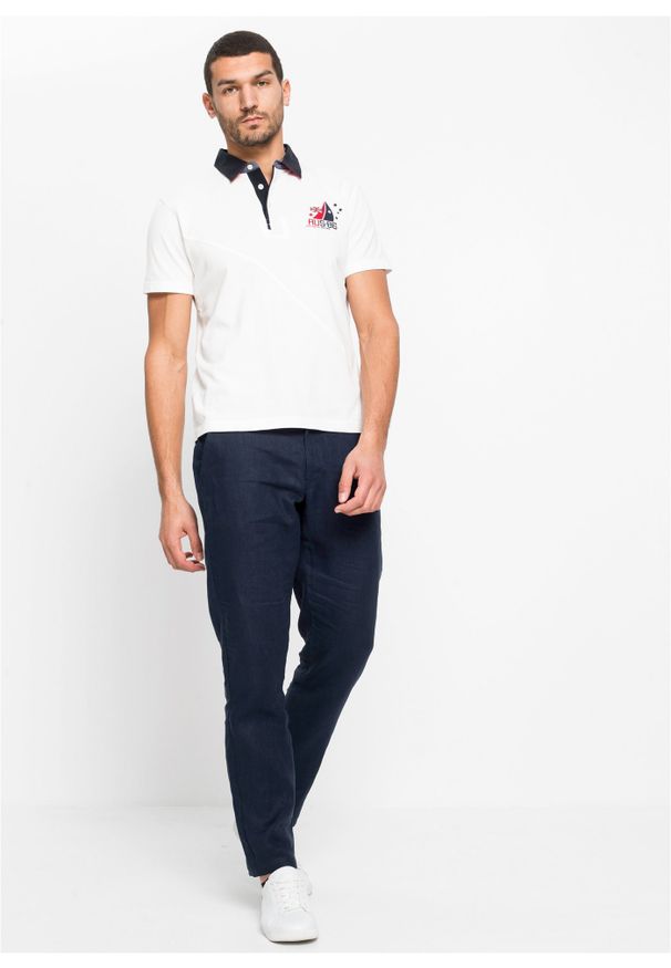 bonprix - Spodnie lniane Regular Fit Straight z wygodnym paskiem. Kolor: niebieski. Materiał: len