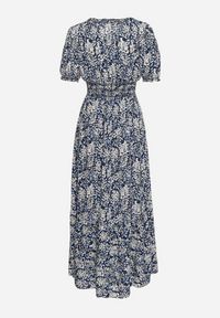 Born2be - Granatowa Bawełniana Sukienka z Bufiastymi Rękawami z Gumką w Talii i Falbaną Vimaliana. Okazja: na co dzień, na spacer. Typ kołnierza: dekolt w kształcie V. Kolor: niebieski. Materiał: bawełna. Styl: klasyczny, casual, elegancki #2