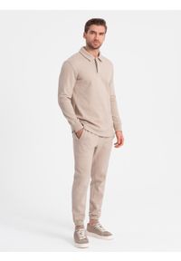 Ombre Clothing - Komplet męski dresowy bluza z kołnierzem polo + spodnie - beżowy V2. Typ kołnierza: polo. Kolor: beżowy. Materiał: dresówka
