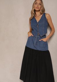 Renee - Niebieski Jeansowy Komplet z Wiskozy Kamizelka i Zwiewna Spódnica Calmoi. Kolor: niebieski. Materiał: jeans, wiskoza #3