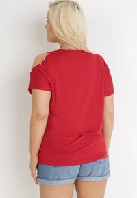 Born2be - Bordowa Bluzka Oversize z Nadrukiem i Cyrkoniami Gerris. Kolor: czerwony. Wzór: nadruk #5