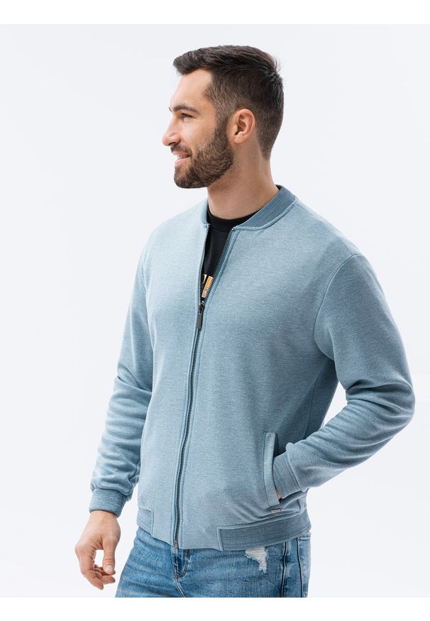Ombre Clothing - Bluza męska rozpinana z dzianiny strukturalnej B1214 - niebieska - XXL. Okazja: na co dzień. Typ kołnierza: kołnierzyk stójkowy. Kolor: niebieski. Materiał: dzianina. Styl: casual