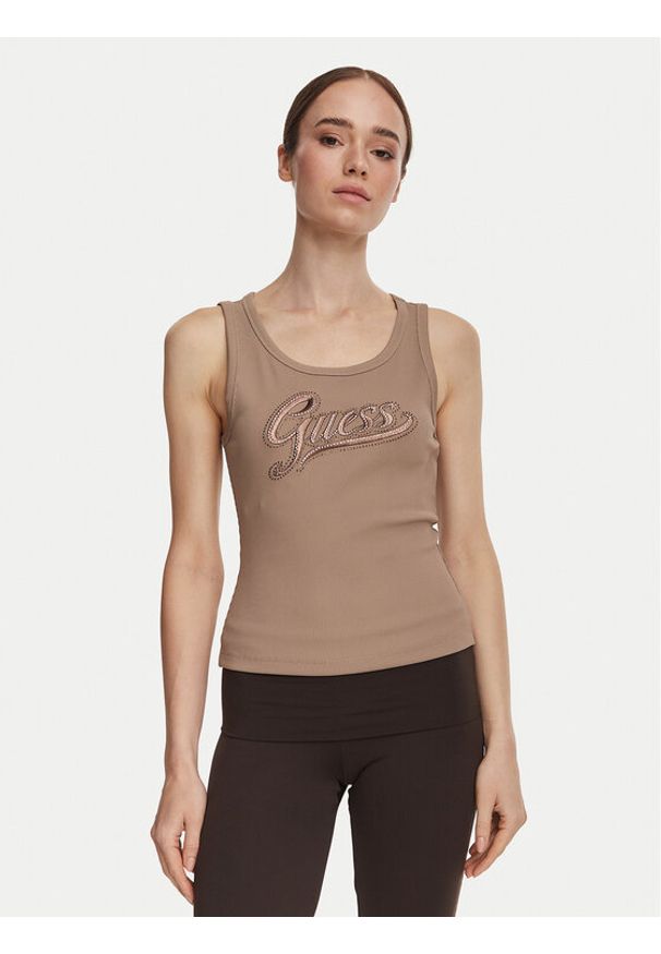 Guess Top W6YP30 K4380 Brązowy jasny Slim Fit. Kolor: brązowy. Materiał: syntetyk