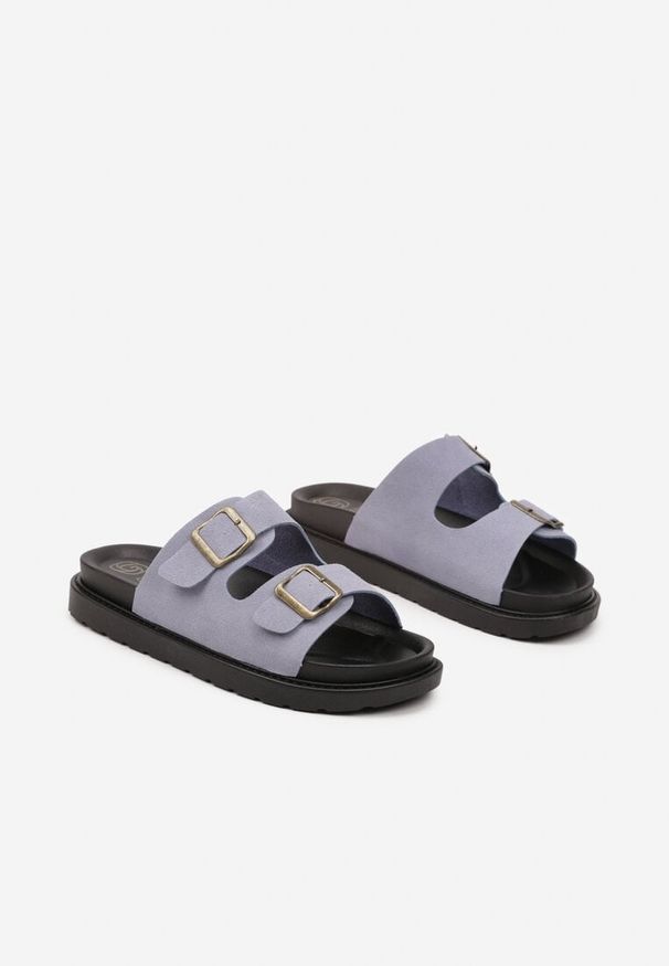 Born2be - Niebieskie Casualowe Klapki z Paskami z Klamrami Winea. Okazja: na co dzień. Kolor: niebieski. Materiał: jeans, zamsz. Obcas: na płaskiej podeszwie. Styl: casual