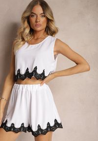 Renee - Biały Komplet Ozdobiony Koronką Top na Ramiączkach Szorty Luźne High Waist Filoa. Kolor: biały. Materiał: koronka. Wzór: koronka, aplikacja