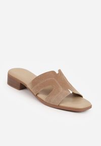 Born2be - Beżowe Klapki VICES na Niskim Słupku z Ozdobnymi Wycięciami w Cholewce Celatheis. Okazja: na co dzień, na spacer. Kolor: beżowy. Materiał: len. Wzór: haft. Sezon: lato. Obcas: na słupku. Styl: casual, elegancki #6