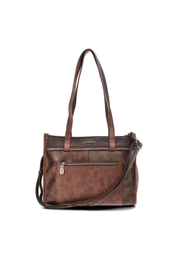 Brązowa Torebka Anekke Elegancki Kuferek Damski Premium. Kolor: brązowy. Wzór: aplikacja, napisy. Materiał: zdobione. Styl: elegancki. Rodzaj torebki: na ramię