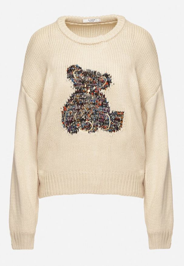 Born2be - Beżowy Sweter z Wiskozy Ozdobiony Misiem i Cekinami Lilimi. Okazja: na co dzień. Kolor: beżowy. Materiał: wiskoza. Długość rękawa: długi rękaw. Długość: długie. Wzór: aplikacja. Styl: klasyczny, elegancki, casual