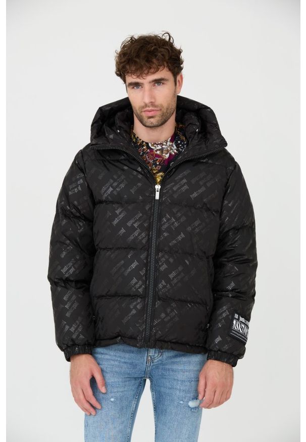 Just Cavalli - JUST CAVALLI Czarna męska kurtka R Print Logo, Rozmiar 50. Kolor: czarny. Wzór: nadruk