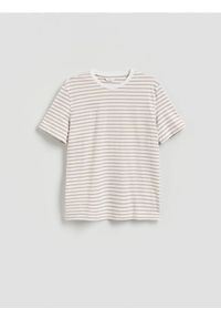 Reserved - T-shirt regular w paski - beżowy. Kolor: beżowy. Materiał: bawełna, dzianina. Wzór: paski
