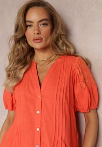 Renee - Pomarańczowa Bawełniana Koszula z Bufiastym Rękawem Shafira. Kolor: pomarańczowy. Materiał: bawełna. Długość: krótkie #4