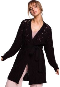 Sukienki.shop - Długi kardigan ażurowy sweter z paskiem czarny. Kolor: czarny. Długość: długie. Wzór: ażurowy #4