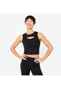 DOMYOS - Koszulka fitness damska Domyos bez rękawów. Kolor: czarny. Materiał: materiał, elastan, poliester. Długość rękawa: bez rękawów. Długość: krótkie. Sport: fitness